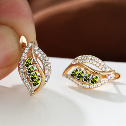 Leaf-Shaped Rhinestone Stud Earrings – Zircon Women’s Jewelry