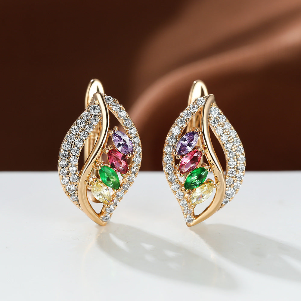 Leaf-Shaped Rhinestone Stud Earrings – Zircon Women’s Jewelry